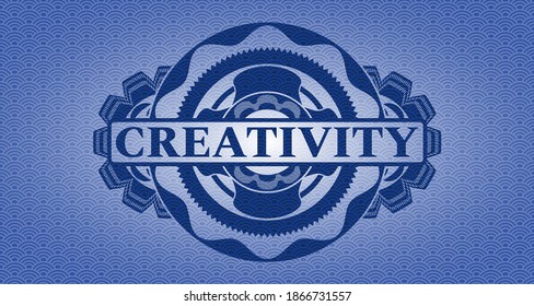 Kreativitätstext in blauem japanischem Kammermuster. Realistisches Emblem. Geometrischer, modischer Hintergrund. Illustration. 