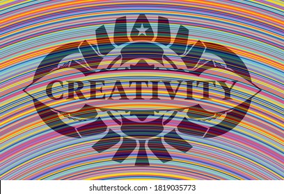 Creativity text inside colorful emblem. Showy fancy background. Intense illustration. 