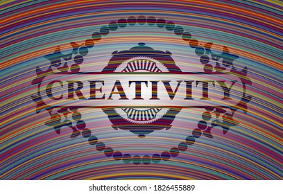 Creativity text inside colorful realistic emblem. Showy fashionable background. Illustration. 