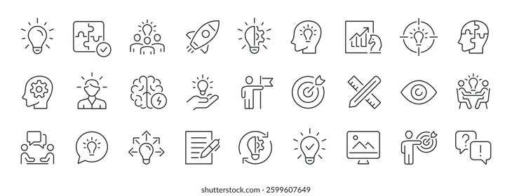 Creativity thin line icons set. Idea, creative solution and thinking, innovation icon. Editable stroke. Vector illustration