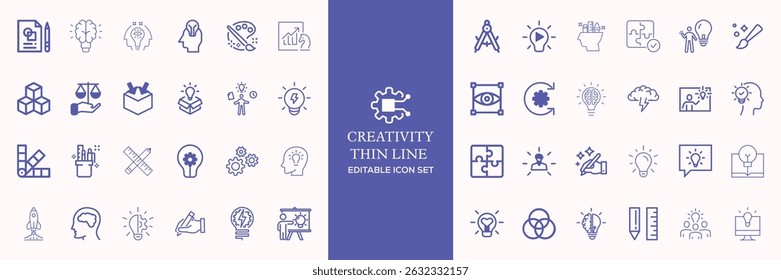 Creativity thin line icons set. Idea, creative solution and thinking, innovation icon. Editable stroke. Line icon set... Vector illustration