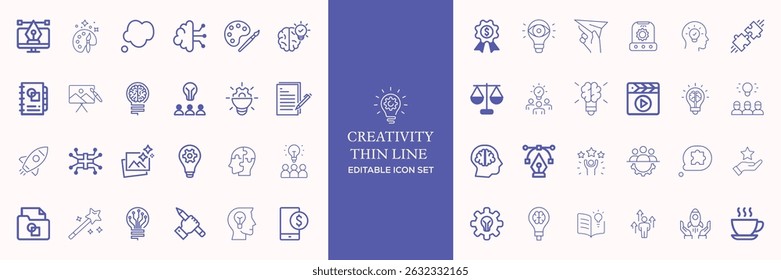 Creativity thin line icons set. Idea, creative solution and thinking, innovation icon. Editable stroke. Line icon set... Vector illustration
