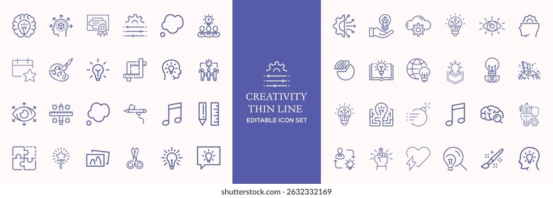 Creativity thin line icons set. Idea, creative solution and thinking, innovation icon. Editable stroke. Line icon set... Vector illustration
