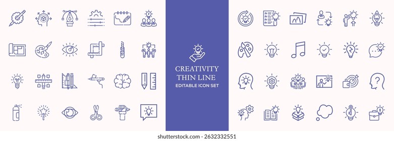 Creativity thin line icons set. Idea, creative solution and thinking, innovation icon. Editable stroke. Vector illustration, and line icon set..