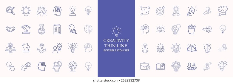 Creativity thin line icons set. Idea, creative solution and thinking, innovation icon. Editable stroke. out line icon set. Vector illustration