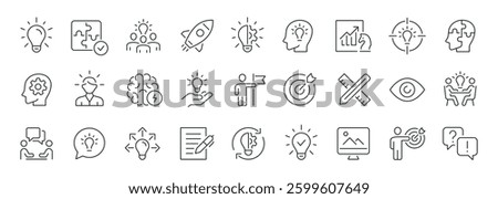 Creativity thin line icons set. Idea, creative solution and thinking, innovation icon. Editable stroke. Vector illustration