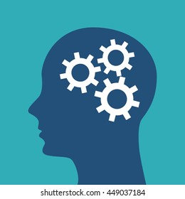 Creativity and think concept represented by human head and gears design. Colorfull and Flat illustration. 