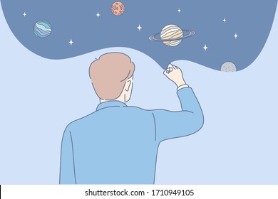 Creativity, Thinking, Idea, Dream, Business Concept. Pensive Thoughtful Businessman Office Clerk Manager Cartoon Character Drawing Planets In Space. Expansion Of Consciousness And Imaginative Mindset.