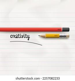 Creativity tutoring and coaching education symbol, big and small pencil, white notebook paper, vector illustration
