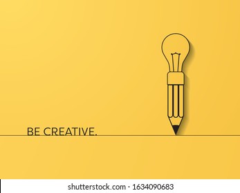 Creativity vector banner with lightbulb on pencil on yellow background with simple shadows. Innovation and invention symbol. Eps10 illustration.