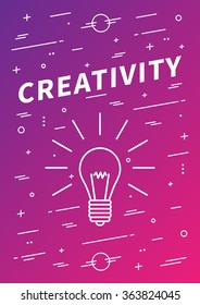 Creativity vector banner with linear elements and lamp bulb. Creativity decoration poster on colorful background. Design graphic concept typography illustration.
