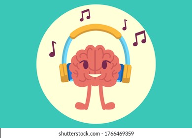 Creativity vector concept: brain smiling while listening music through its headphone