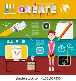 Creativity Vector Concept with Create Title and Professional Tools in Design Studio with Woman in Office