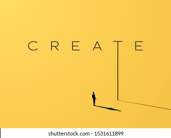 Creativity vector concept with creative typography and design with businessman looking to grow, climb up. Symbol of creative solutions, innovation, inspiration, new ideas. Eps10 illustration.