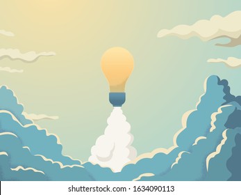 Creativity vector concept with lightbulb space rocket launch into space. Symbol of innovation, invention, new business, ideas and future. Eps10 illustration.