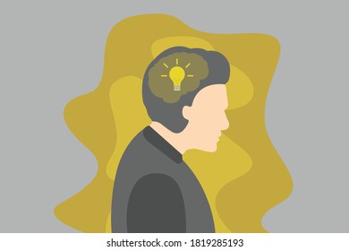 Creativity vector concept: Man's head with a glowing light bulb