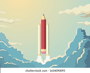 Creativity vector concept with pencil space shuttle launch into space. Symbol of innovation, invention, new business, ideas and future. Eps10 illustration.