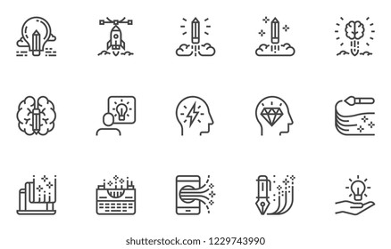 Creativity Vector Line Icons Set. Idea, Imagination, Mind Power, Inspiration, Creative Process, Writing, Painting. Editable Stroke. 48x48 Pixel Perfect.