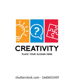 Creativity vector logo template. This design use bulb lamp, puzzle and question mark symbol. Suitable for education.