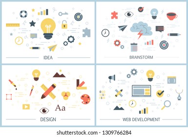 Creativity web banner set. Brainstorm, idea, design and web development stage. Idea of solution and innovation. Set of colorful icons. Isolated flat vector illustration
