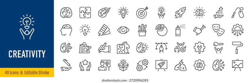 Iconos web de creatividad en estilo de línea. Creatividad, Encontrar soluciones, Lluvia de ideas, tecnología, trabajo en equipo, Inspiración, Pensamiento creativo, Cerebro. Trazo editable. Ilustración vectorial.	