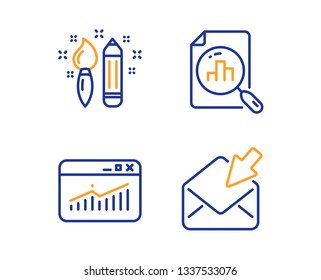 Creativity, Website statistics and Analytics graph icons simple set. Open mail sign. Graphic art, Data analysis, Chart report. View e-mail. Education set. Linear creativity icon. Colorful design set