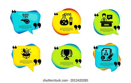 Creativity, Winner and Tutorials icons simple set. Speech bubble with quotes. Chemistry lab, Exhibitors and Algorithm signs. Design idea, Sports achievement, Quick tips. Vector