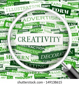 CREATIVITY. Word cloud illustration. Graphic tag collection. Vector concept collage. 