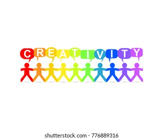 Creativity word in speech bubbles with cut out paper people chain in rainbow colors
