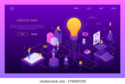 Creativity at work - modern vector isometric colorful web banner with copy space for text. Scenes with business people, male, female colleagues working together, a big lightbulb, clipboard, diagrams