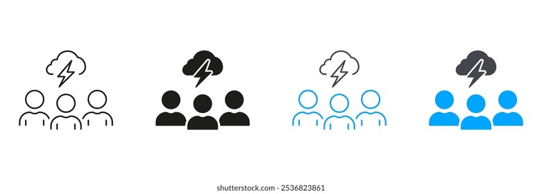 Creativity Work Symbol. Team Brainstorming Line and Silhouette Icon Set. Thunder Storm with Cloud and Lightning Above Group Of People Pictogram. Editable Stroke. Isolated Vector Illustration.