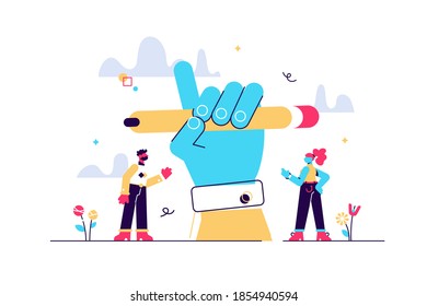 Creativity as writer imagination thinking implementation tiny person concept. Redactor, editor or intelligence art author creative work process scene with abstract writing power pose with fist and pen