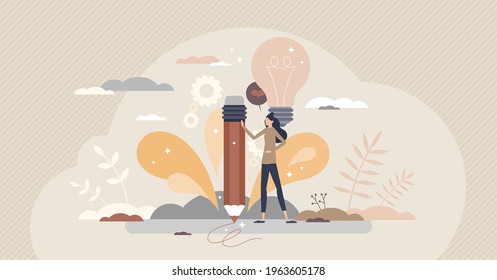 Creativity writing and new creative mind ideas thinking tiny person concept. Imagination and inspiration work process with light bulb as smart and intelligent element creation vector illustration.