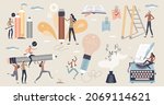 Creativity writing skills and imagination work tiny person collection set. Artistic poetry, novels and script development elements with mini scenes vector illustration. Marketing guru with ideas.