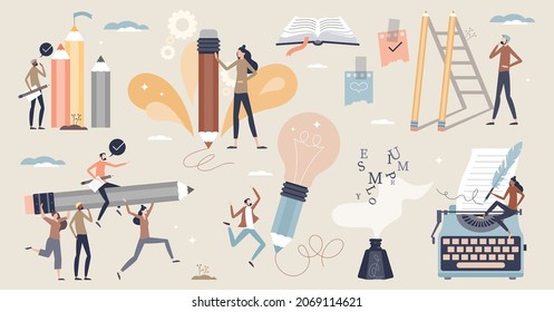 Creativity writing skills and imagination work tiny person collection set. Artistic poetry, novels and script development elements with mini scenes vector illustration. Marketing guru with ideas.