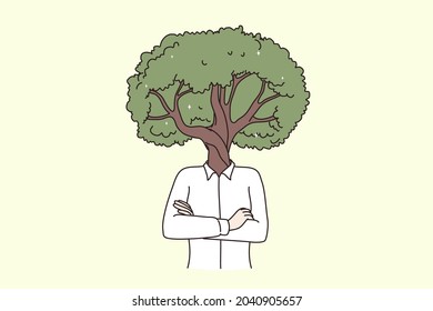 Creativity, young businessman and innovation concept. Green Tree head businessman in t-shirt standing and holding hands crossed vector illustration 