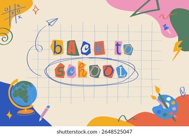 Creativschool, clipart, education, abstracte school elements with colorful back to school letters paper airplane globe and palette on grid background Fun set for classroom posters and learning content