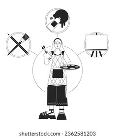 Creator archetype bw concept vector spot illustration. Artist. Woman with color palette 2D cartoon flat line monochromatic character for web UI design. Psychology editable isolated outline hero image