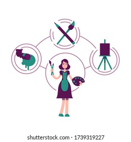 Creator archetype flat concept vector illustration. Female painter 2D cartoon character for web design. Artistic hobby. Girl with oil paint, brushes and easel. Artist personality type creative idea