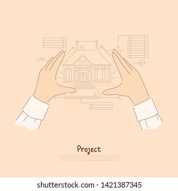 Creator arms metaphor, architect envisioning future house, blueprint measurements of building project banner