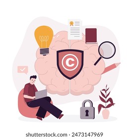 Creator o autor trabajando en un portátil. Símbolo de Derechos de autor en el cerebro y varios contenidos de los medios. Concepto de Propiedad intelectual, Derechos de autor, derechos de autor. Proteger la Licencia de datos. Ilustración vectorial