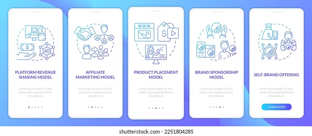 Creator business models blue gradient onboarding mobile app screen. Marketing walkthrough 5 steps graphic instructions with linear concepts. UI, UX, GUI template. Myriad Pro-Bold, Regular fonts used
