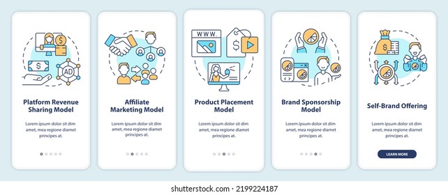 Creator business models onboarding mobile app screen. Marketing walkthrough 5 steps editable graphic instructions with linear concepts. UI, UX, GUI template. Myriad Pro-Bold, Regular fonts used