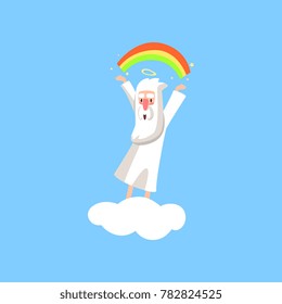 Creator cartoon character in action on white cloud. Smiling god creating a rainbow. Religious flat vector illustration for book, card, poster or badge.