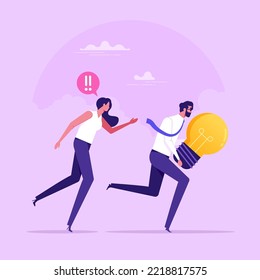 Creator chasing thief or robber holding lightbulb. Concept of borrowing or stealing creative ideas or intellectual property, copyright infringement, flat vector illustration