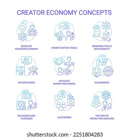Creator economy blue gradient concept icons set. Content maker. Digital marketing. E commerce idea thin line color illustrations. Isolated symbols. Roboto-Medium, Myriad Pro-Bold fonts used