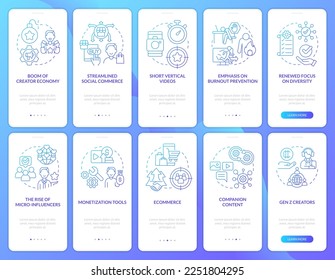 Creador economía gradiente azul incorporado pantalla de aplicación móvil. Recorrido en redes sociales de 5 pasos de instrucciones gráficas con conceptos lineales. UI, UX, plantilla GUI. Multitud de tipos de letra Pro-Bold, con uso regular