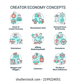 Creator economy concept icons set. Content maker. Digital marketing. E commerce idea thin line color illustrations. Isolated symbols. Editable stroke. Roboto-Medium, Myriad Pro-Bold fonts used