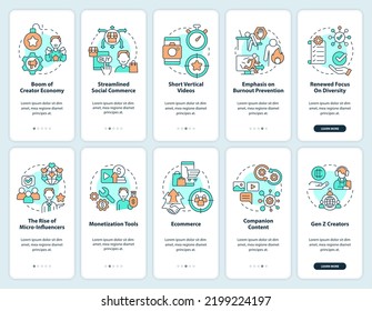 Creator economy onboarding mobile app screen set. Social media trends walkthrough 5 steps editable graphic instructions with linear concepts. UI, UX, GUI template. Myriad Pro-Bold, Regular fonts used