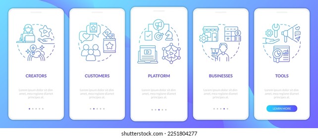 La economía creadora favorece la pantalla de aplicación móvil con gradiente azul. Recorrido 5 pasos instrucciones gráficas con conceptos lineales. UI, UX, plantilla GUI. Multitud de tipos de letra Pro-Bold, con uso regular